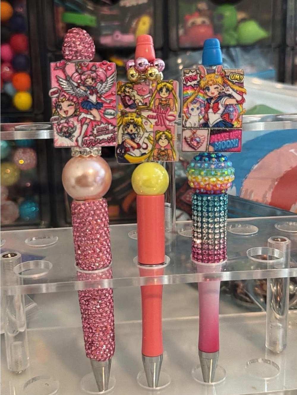 Sparkling Pink & Blue Sailor moon Character beaded pens - Set of 3